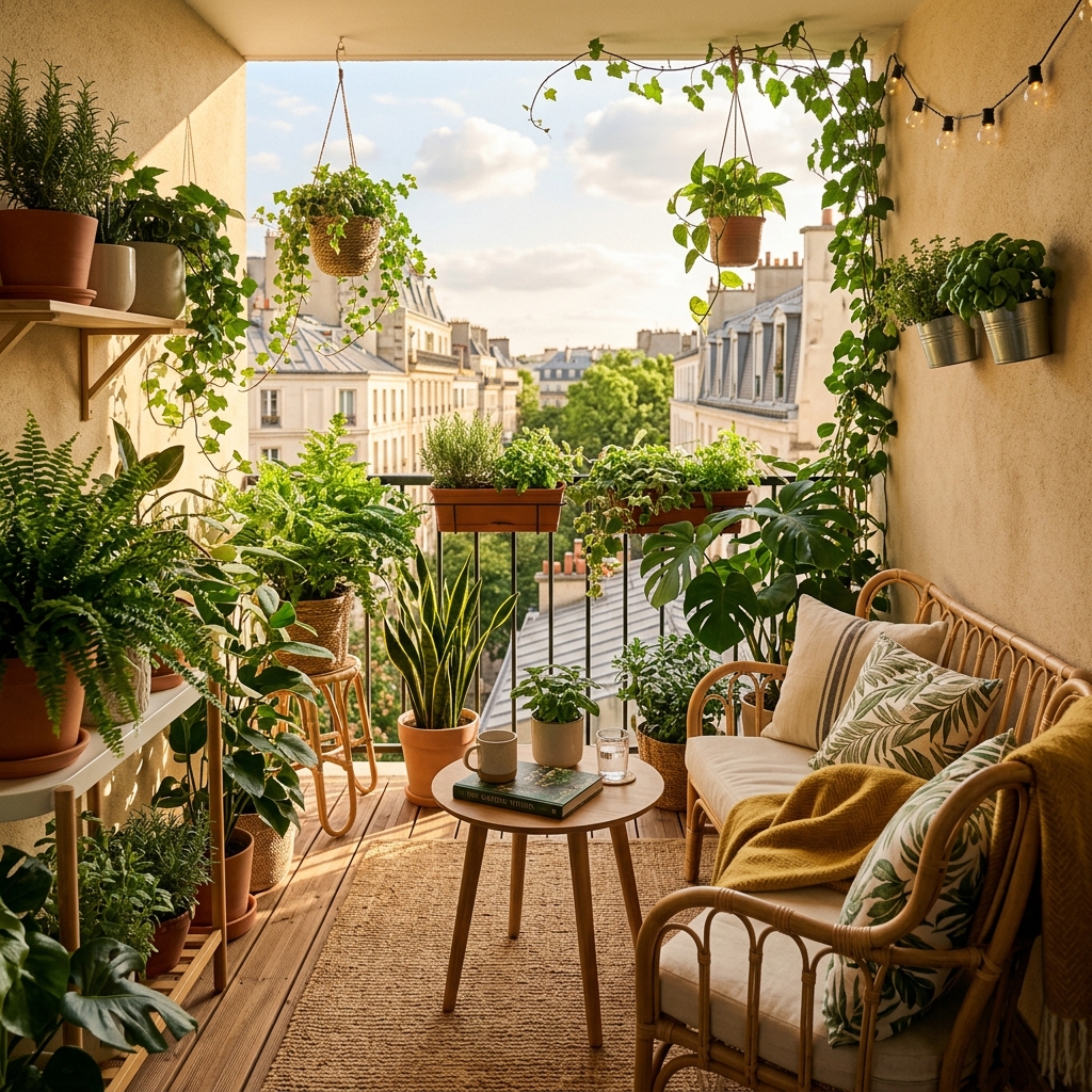 Beautiful small apartment balcony with plants