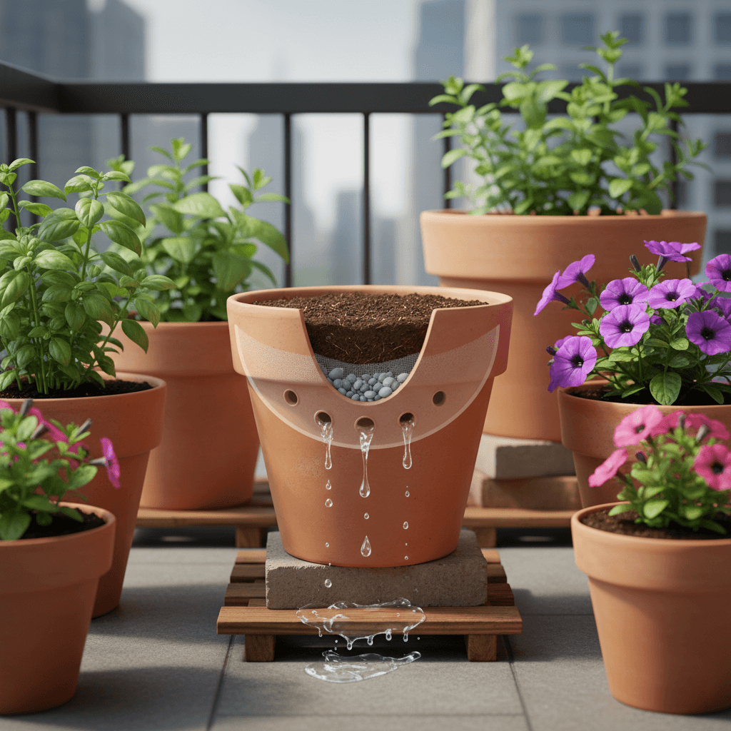 Healthy balcony herb garden in terracotta pots showing proper drainage elevation and soil layering to prevent root rot