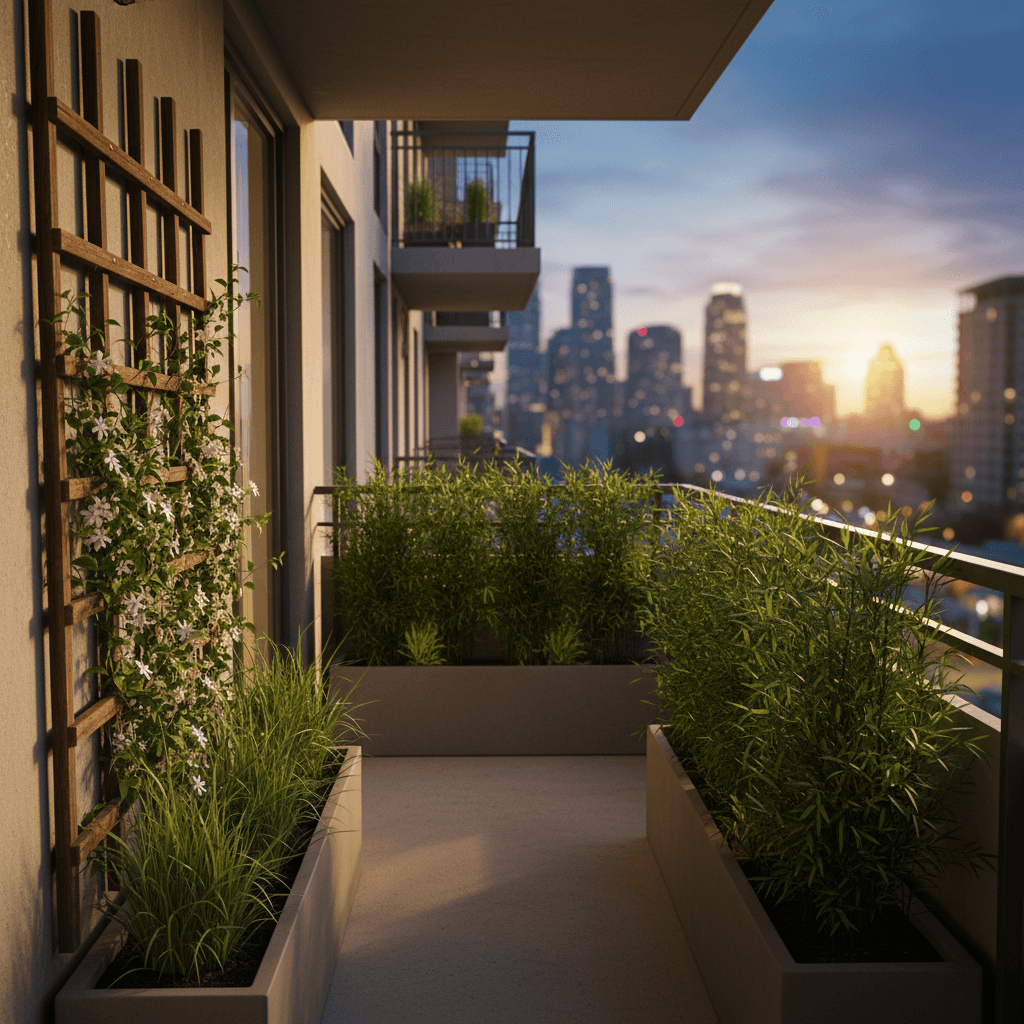 Small apartment balcony with tall bamboo and climbing plants creating a natural privacy screen