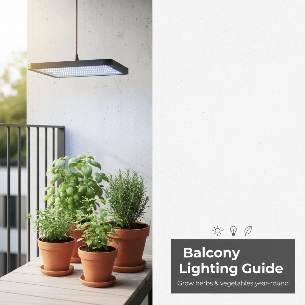 Balcony garden with potted herbs under natural sunlight and LED grow light fixtures, showing emerald green plants growing on a modern balcony