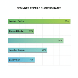 Bar chart comparing beginner success rates for leopard geckos, crested geckos, bearded dragons and ball pythons