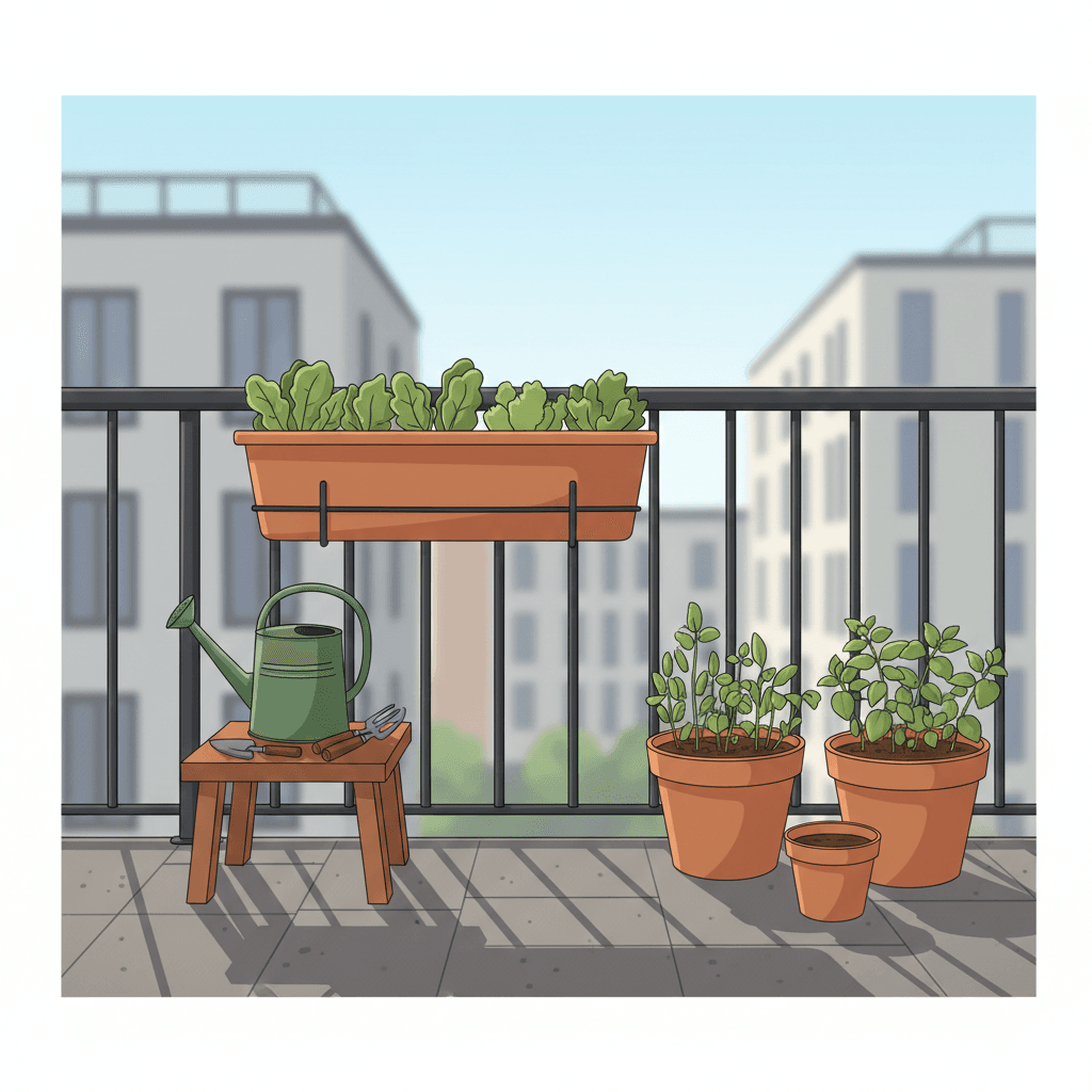 Beginner balcony garden setup on a small 1×2 meter apartment balcony with planters, herbs and a watering can