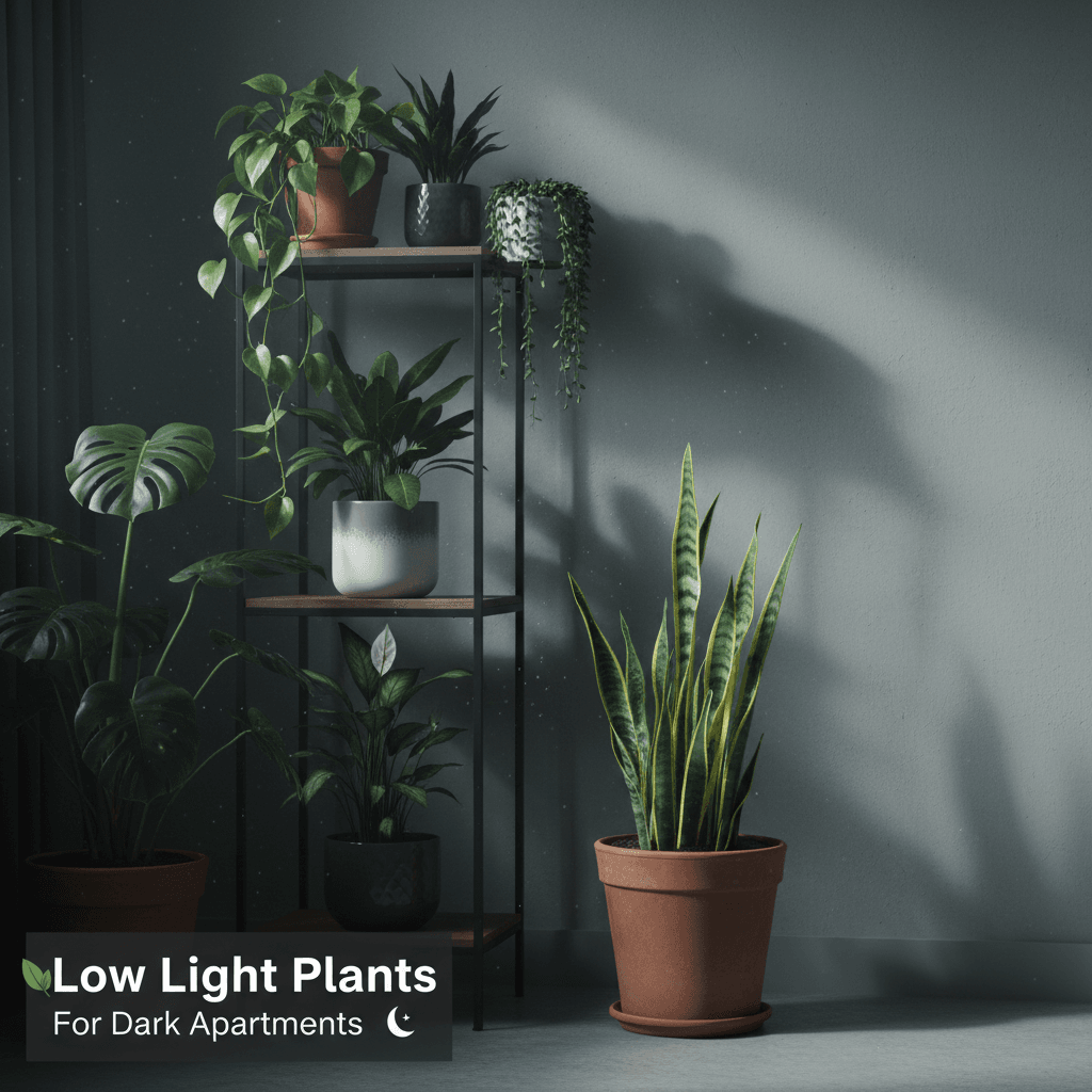 Best low light indoor plants for apartments - pothos, snake plant, ZZ plant, peace lily, and monstera growing in dark apartment corner with window light