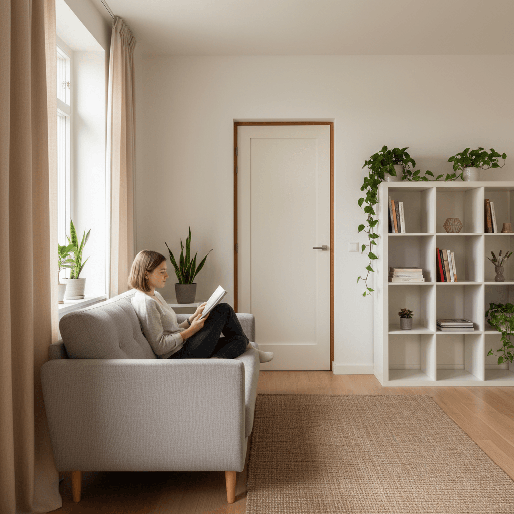 Peaceful apartment living room with soundproofing elements including thick curtains, area rug, and bookshelf against wall
