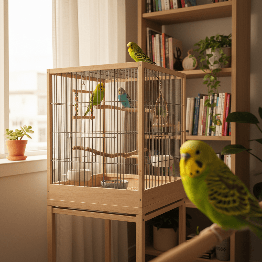 Cozy budgie cage setup in small apartment corner with colorful parakeets on wooden perches, food and water bowls, and natural window light