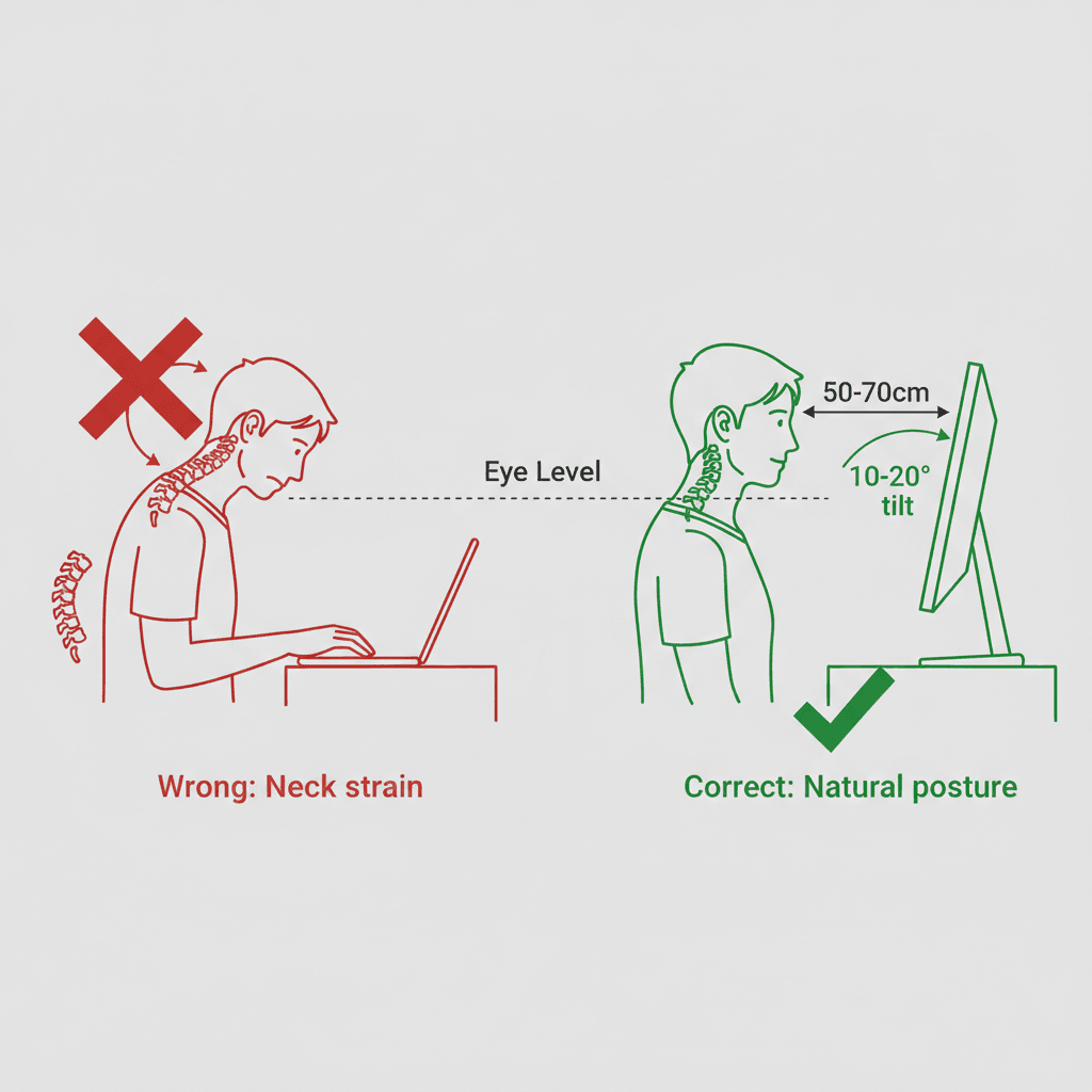 Side-by-side comparison showing incorrect downward monitor angle causing neck strain versus correct elevated monitor at eye level
