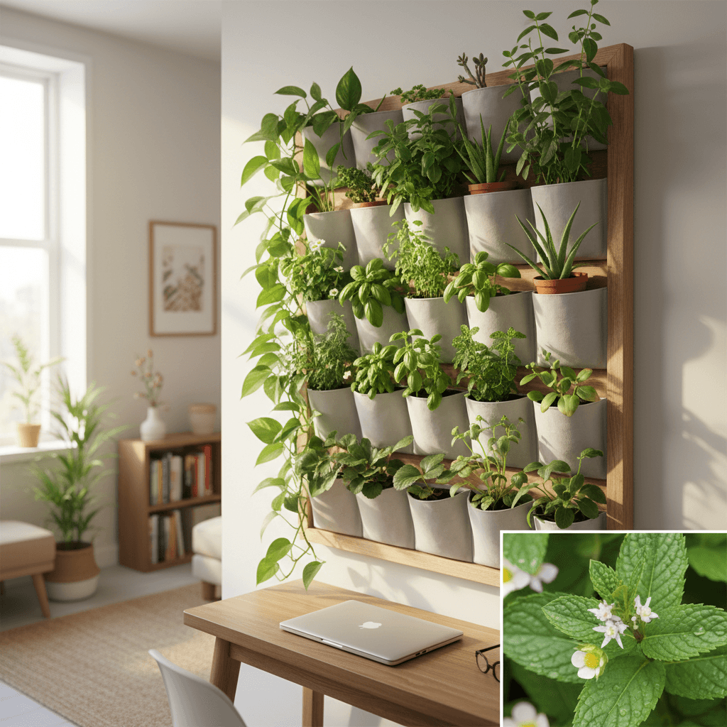 Vertical garden wall in small apartment with green pothos vines, fresh herb plants, and succulents on wooden pocket planters with natural window light