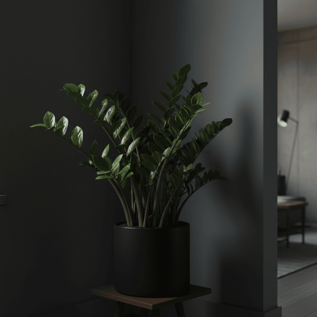 Glossy ZZ plant leaves in a dark corner apartment