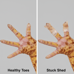 Comparison close up of healthy leopard gecko toes and toes with stuck shed constricting the tips