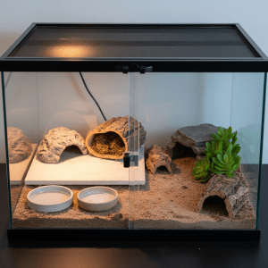 Fully furnished 36x18x18 inch leopard gecko enclosure with warm hide, cool hide, moist hide, water bowl and decorations