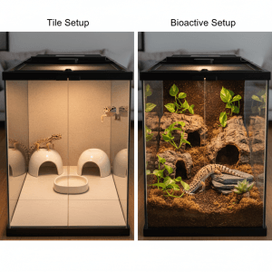 Side by side leopard gecko tanks showing a simple ceramic tile setup next to a naturalistic bioactive enclosure