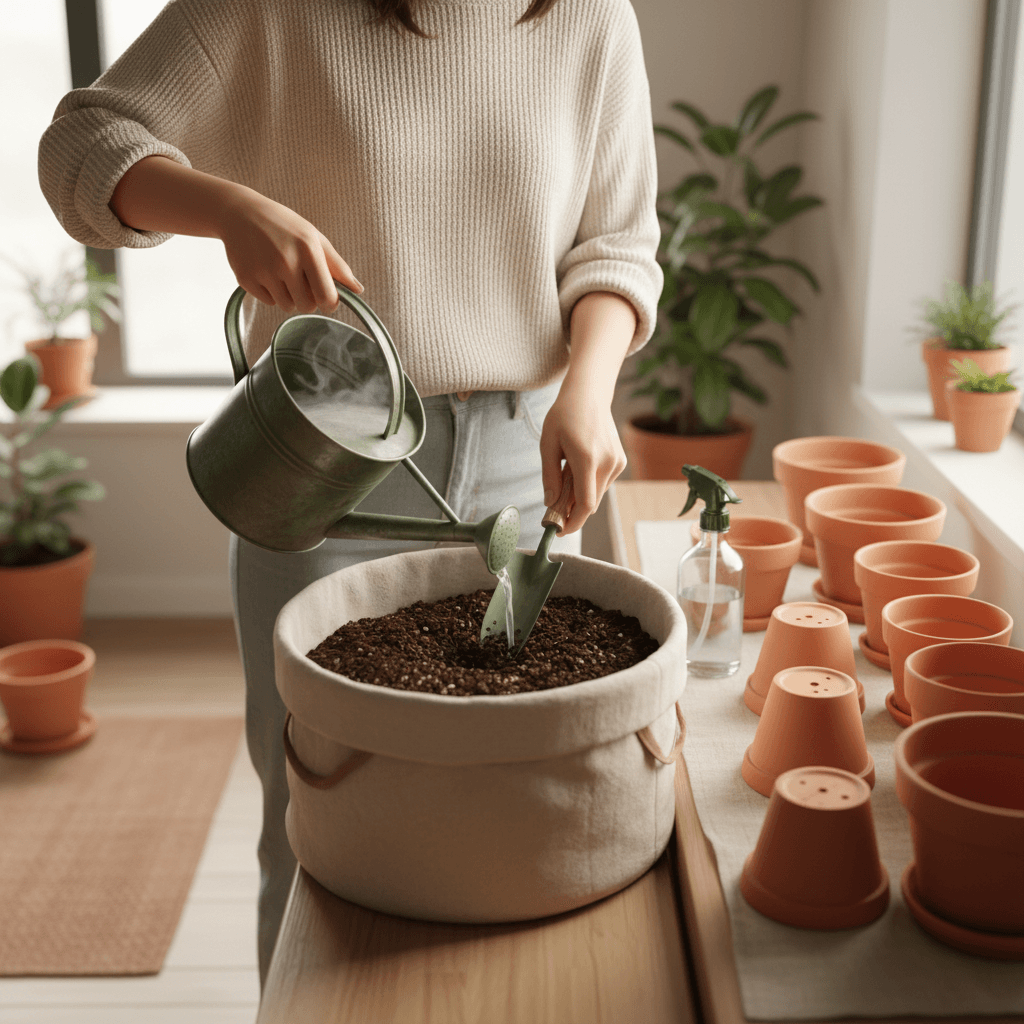 Small apartment plant care setup showing reused cooking water, refreshed potting soil in a bin and cleaned terracotta pots ready for planting.