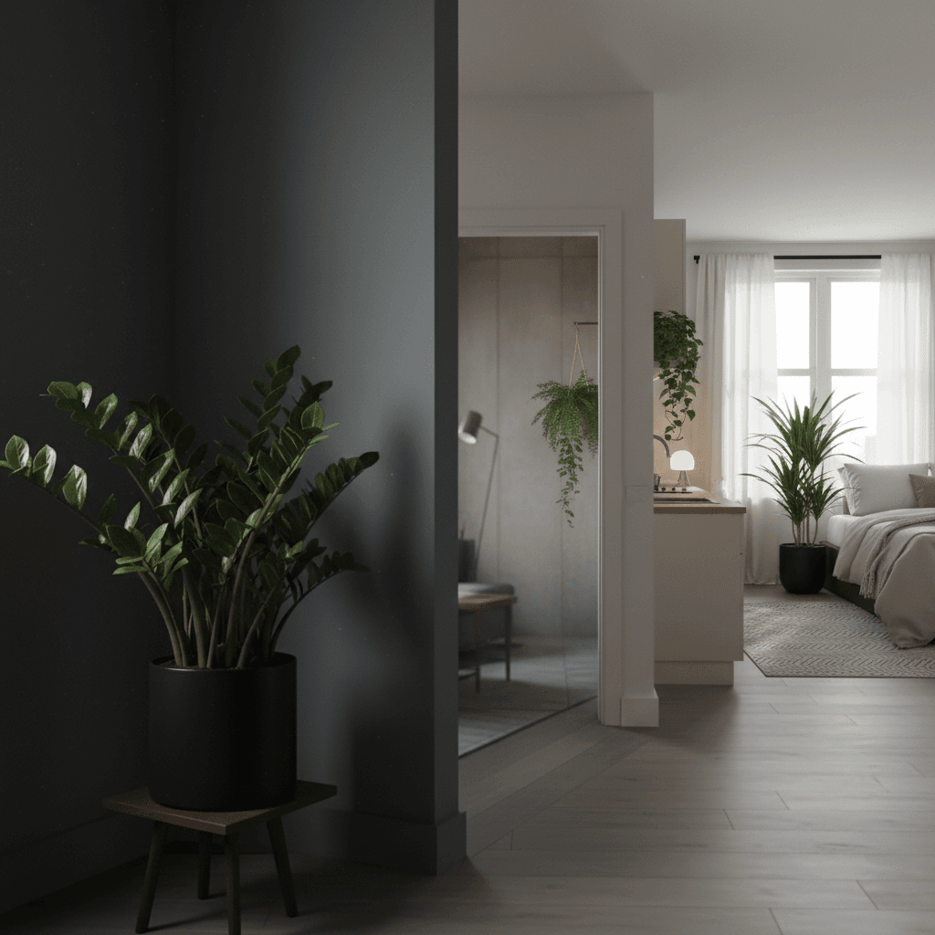 Low‑light plant combo packs placed in hallway, bedroom, bathroom, kitchen and living room of a small apartment
