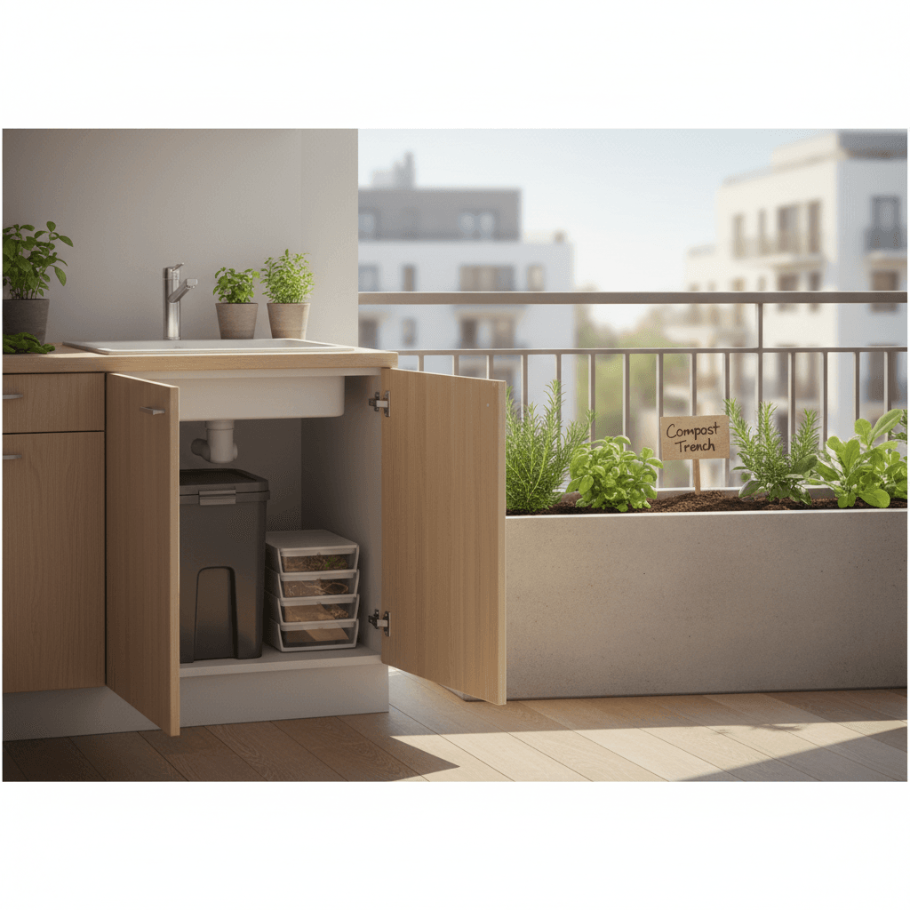 Small apartment setup showing an under-sink bokashi bin, an indoor worm bin and a balcony planter used for trench composting.