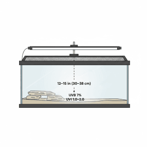 Diagram of a T5 UVB tube mounted above a leopard gecko tank showing the correct 12 to 15 inch distance to the basking spot