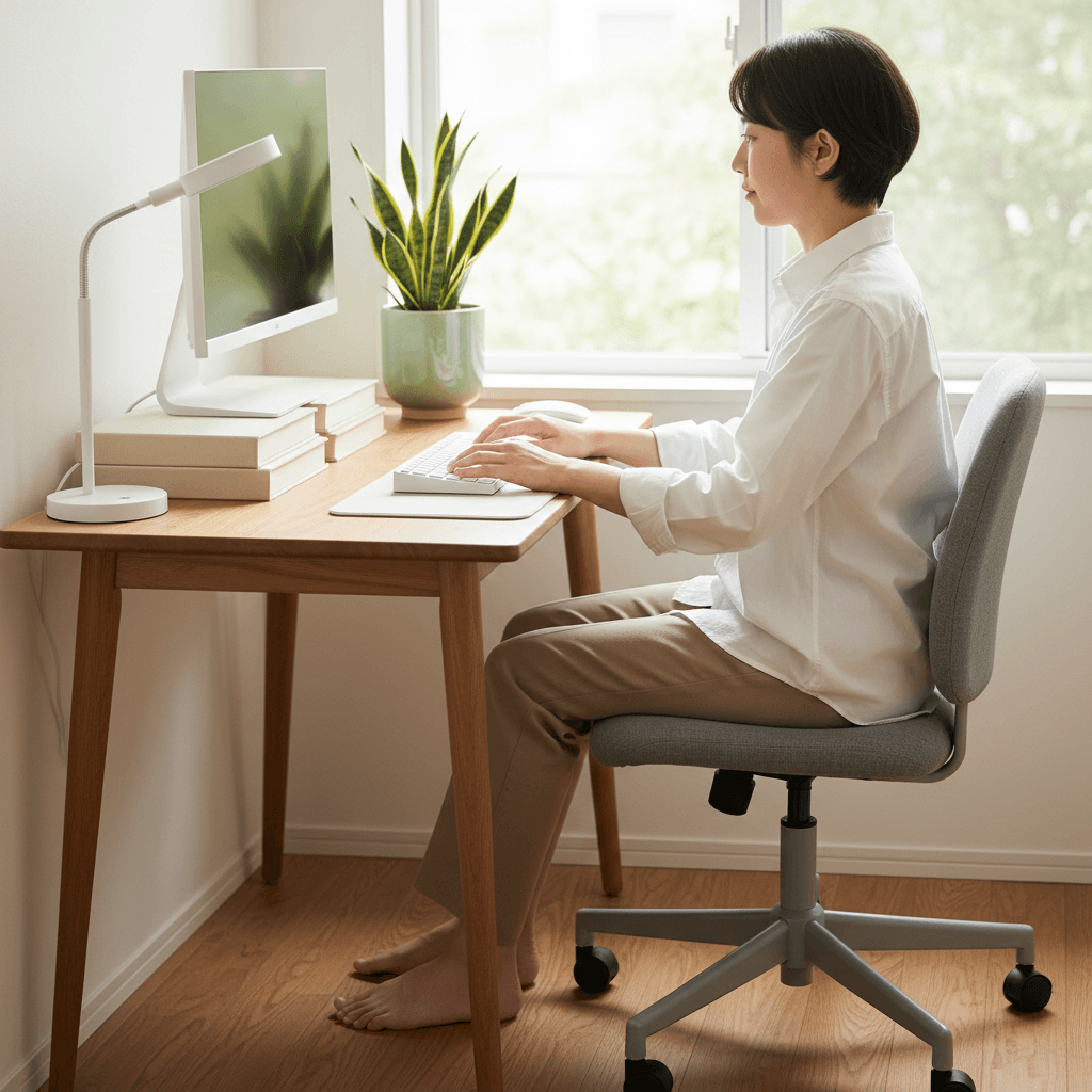 Budget-friendly ergonomic desk setup under $100 with elevated monitor, proper chair height, and natural light in small apartment