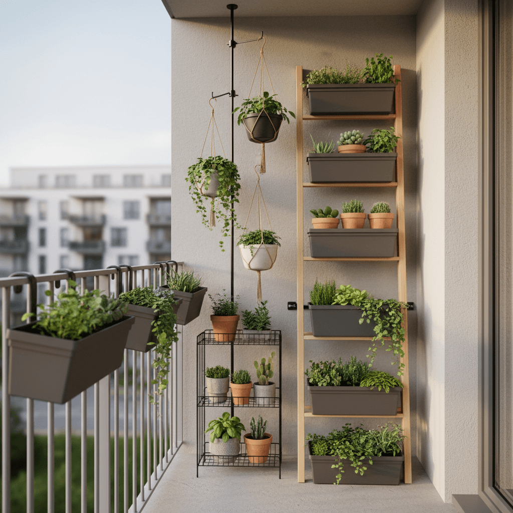Renter-friendly vertical balcony garden with railing planters, ladder shelf and tension rod