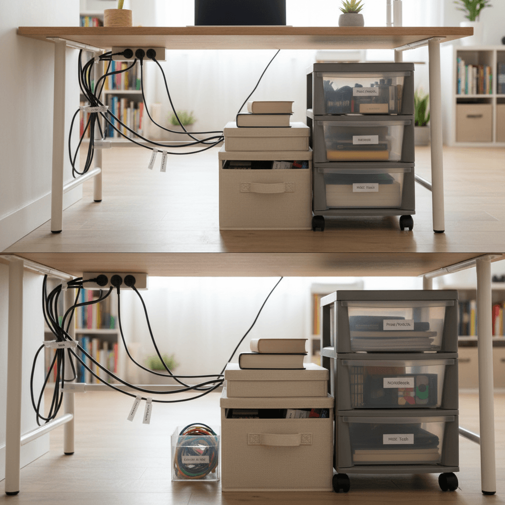 Organized under-desk storage in studio apartment showing rolling drawers, cable organizers, fabric boxes, and labeled compartments with office supplies