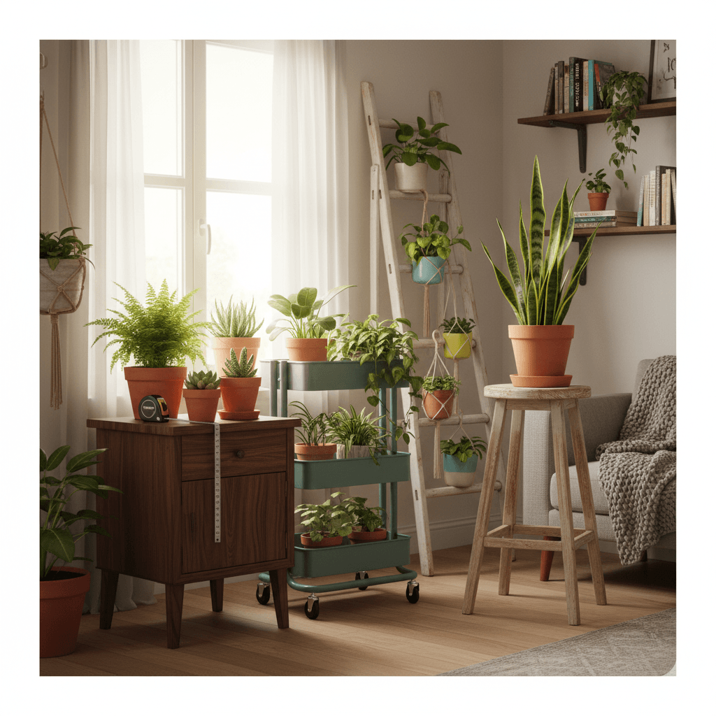 Small studio apartment corner furnished with thrifted solid wood furniture and repurposed bar stools and ladders used as plant stands.