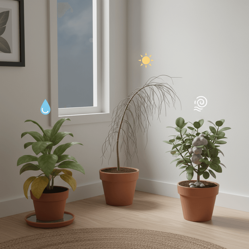 Three indoor houseplants in a small apartment showing yellow leaves, leggy growth and moldy soil as examples of common low-light problems.