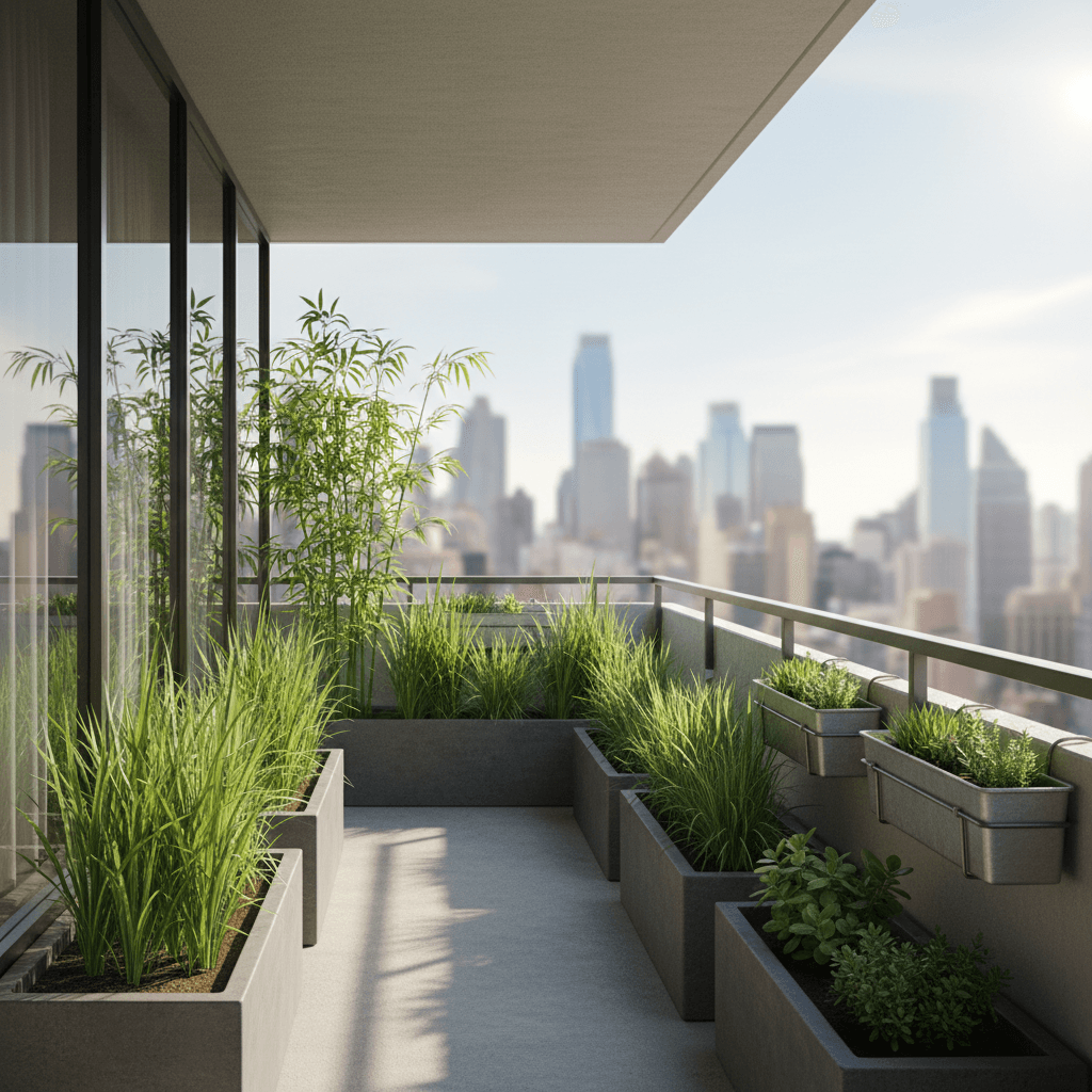 Wind‑proof balcony garden on a high‑rise apartment with low planters, tall grasses as a windbreak and secure railing containers