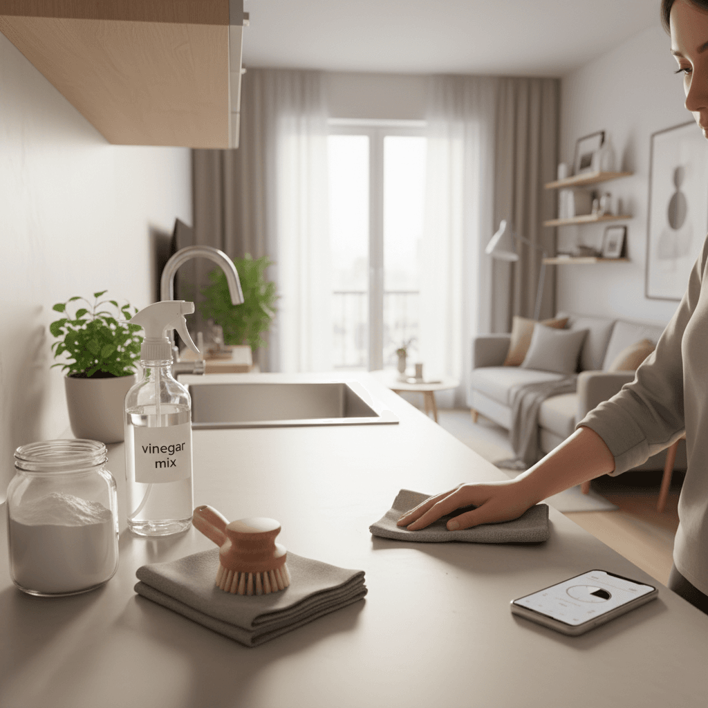 Small studio apartment kitchen with a vinegar spray bottle, baking soda jar and microfiber cloths being used to clean counters and floors.