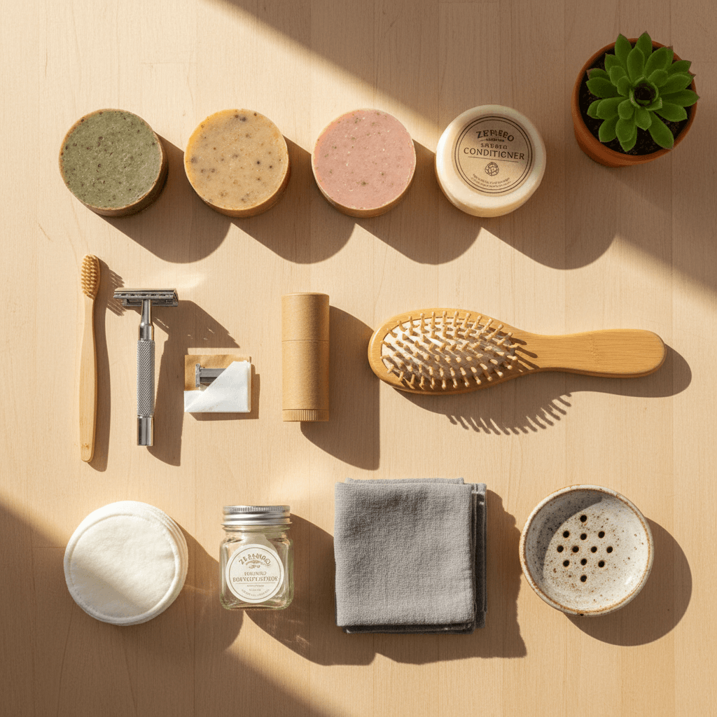 Flat lay of zero waste bathroom essentials including bar soaps, bamboo toothbrush, metal razor, solid deodorant, reusable cotton pads, and natural haircare products on wooden surface
