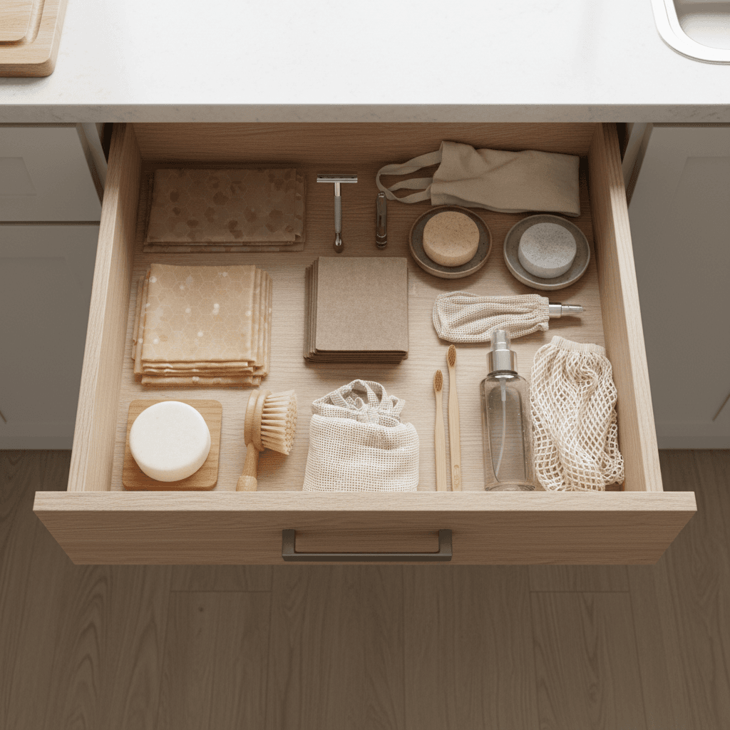 Open kitchen drawer in a small apartment showing a compact zero waste starter kit with wraps, cloths, bars, a safety razor, spray bottle and reusable bags.