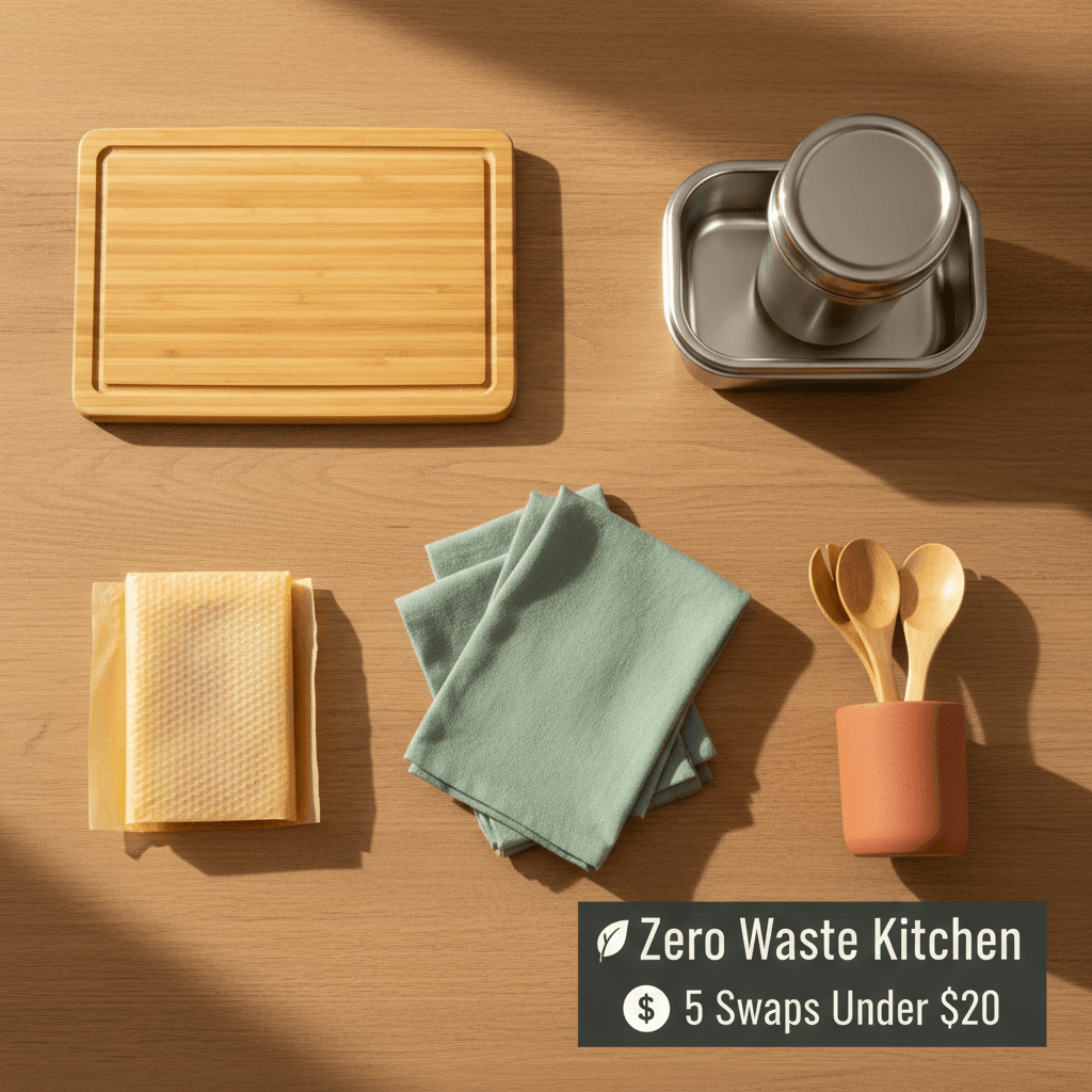 Zero waste kitchen swaps under 20 eco friendly bamboo cutting board stainless steel containers cloth napkins beeswax wrap bamboo utensils
