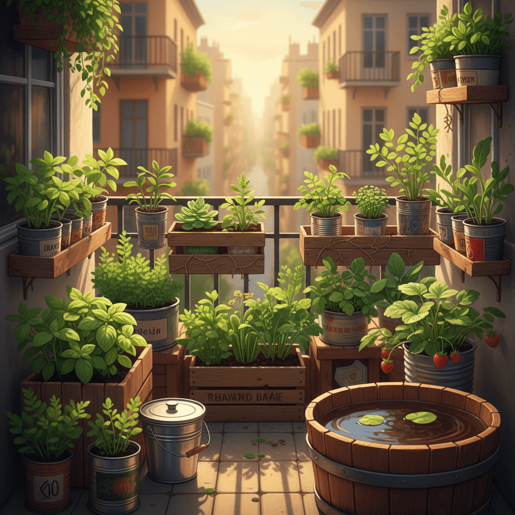Zero‑waste balcony garden with recycled containers, small compost bin and rainwater bucket