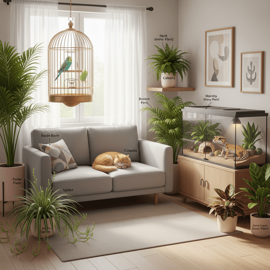 Small apartment living room with a cat, a budgie and a reptile tank surrounded by pet-safe houseplants like spider plants, calatheas, ferns and a parlor palm.