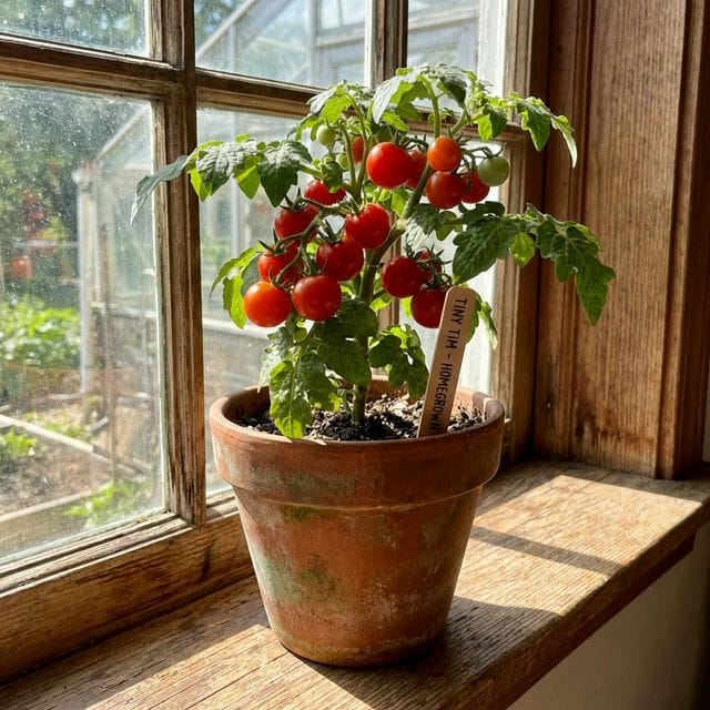 A small Tiny Tim tomato plant in a pot on a windowsill