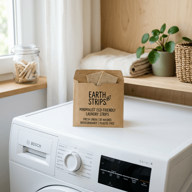 Eco-friendly laundry strips on a compact washing machine