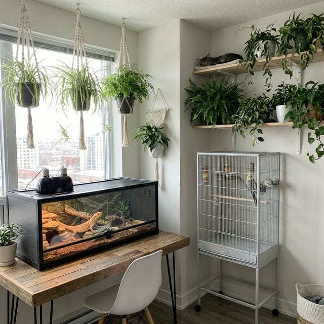 Cozy studio apartment balancing a reptile terrarium, a bird cage, and safe hanging indoor plants