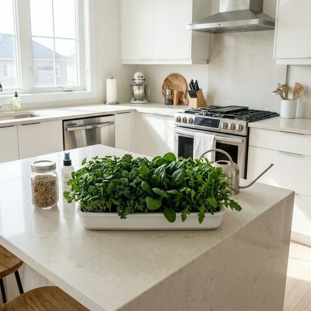 Tray of microgreens growing on a kitchen counter