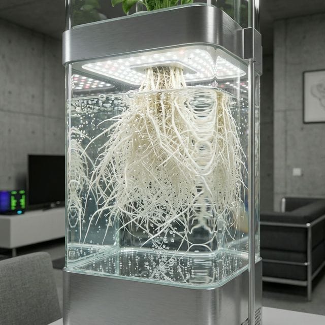 Hydroponic roots suspended in nutrient water