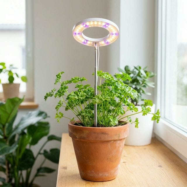 Halo style LED grow light staked into potted parsley