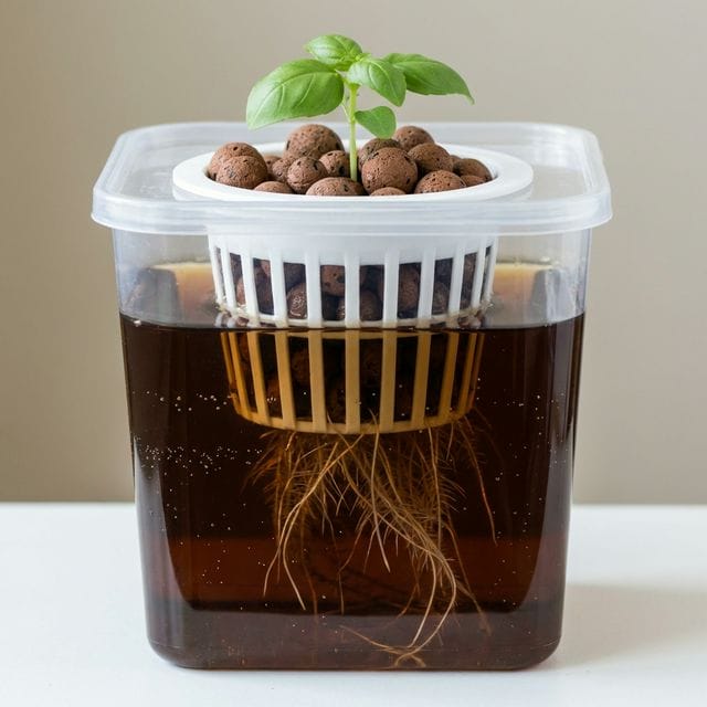 Close up of a net cup with lightweight expanded clay aggregate and small basil seedling