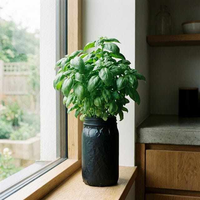 Thriving basil plant inside a dark matte mason jar next to kitchen window