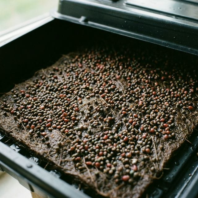 Dense microgreen seeds on a moist hemp growing mat