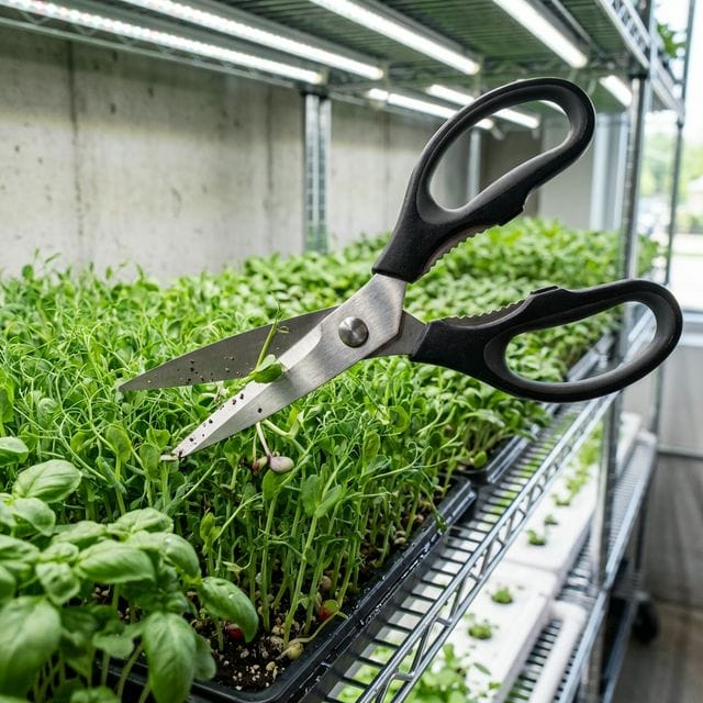 Cutting fresh green microgreens with kitchen shears