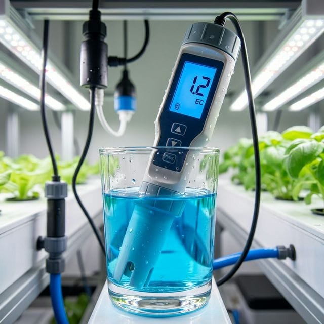 A digital EC meter showing a reading of 1.2 in blue nutrient water