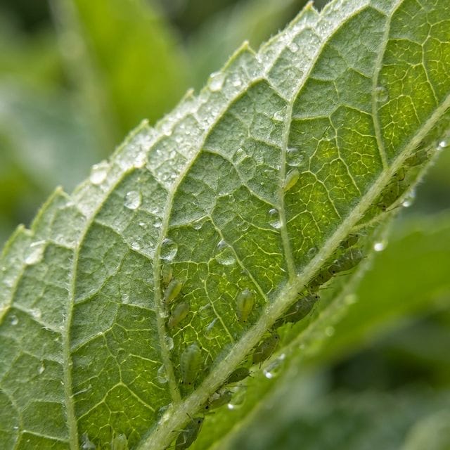 Close up of green aphids on a leaf with sticky honeydew