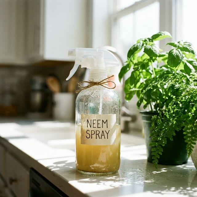 A glass spray bottle labeled Neem Spray sitting on a kitchen counter