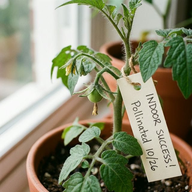 Succesful indoor pollination showing a tiny green tomato developing
