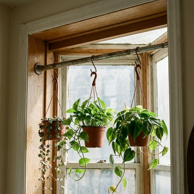 Tension rod holding indoor plants on a window frame