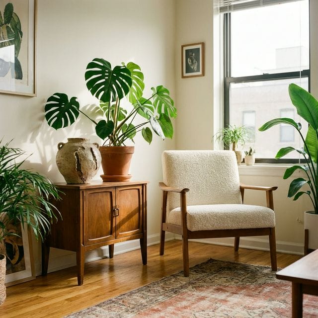 Modern small apartment living room with thrifted mid-century furniture and plant stands