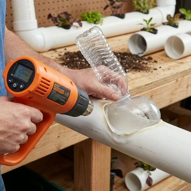 A heat gun being used to soften PVC for a pocket garden