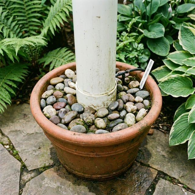 The base of a vertical lettuce tower stable inside a bucket with stones