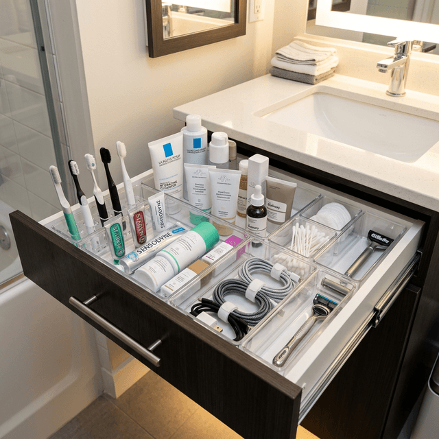 how to organize small apartment bathroom drawers